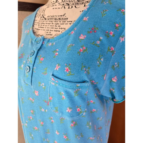 Vintage 90s Moon Dance Blue Floral Butterfly Henley Nightgown Maxi Dress M Soft - Picture 5 of 13
